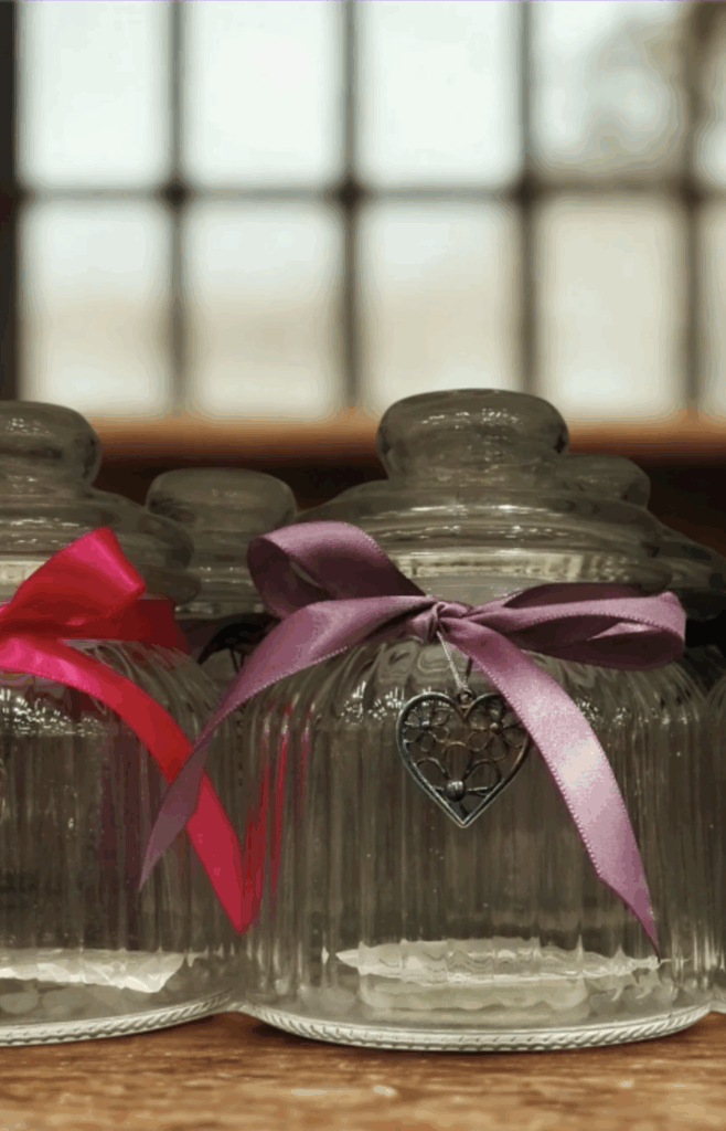 jars with bows on a restaurant table