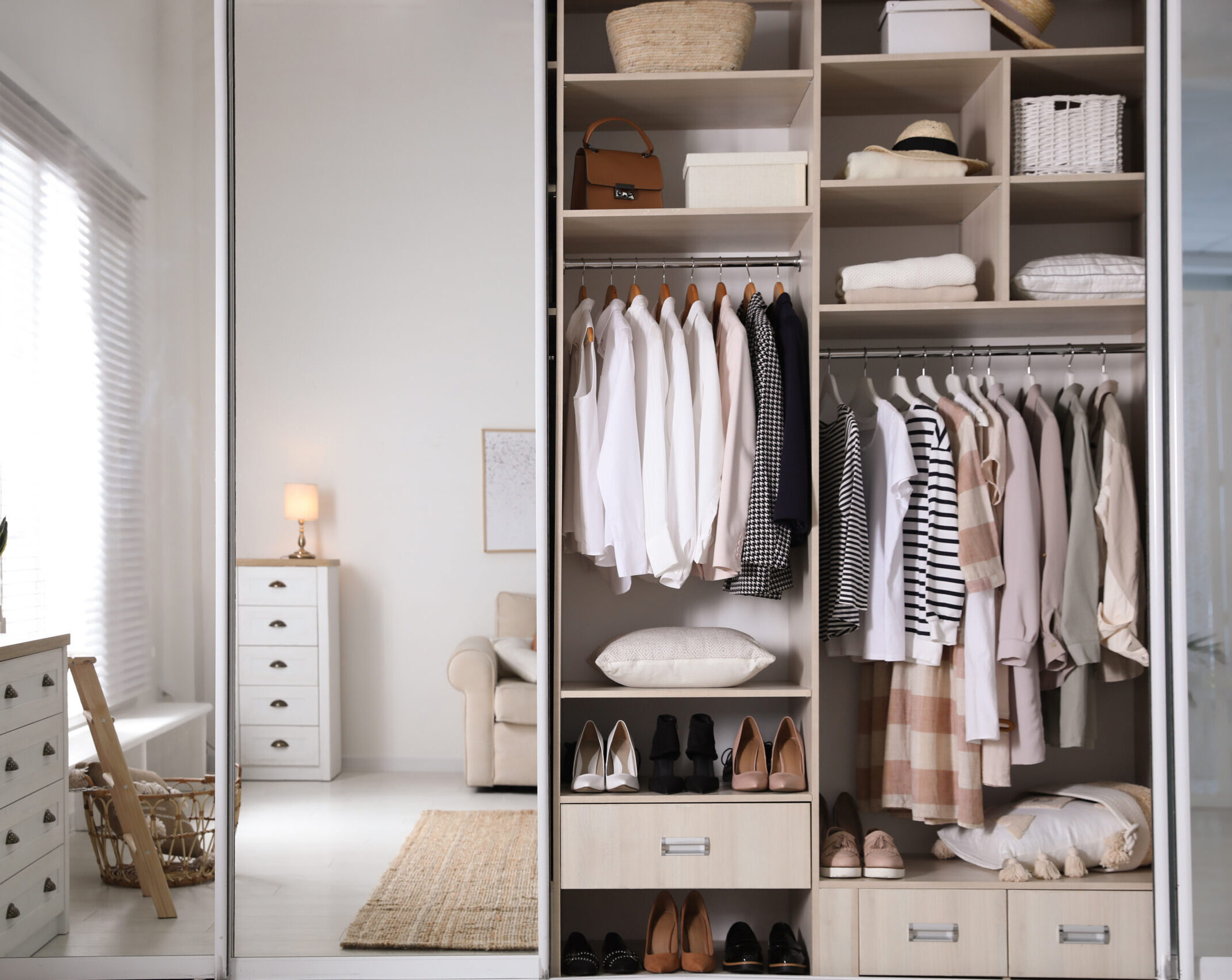 Wardrobe closet with different stylish clothes, shoes