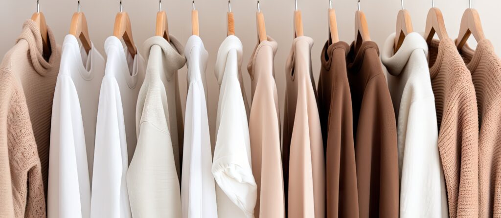 Organized white wardrobe with chic light colored clothing perfect for arranging a closet