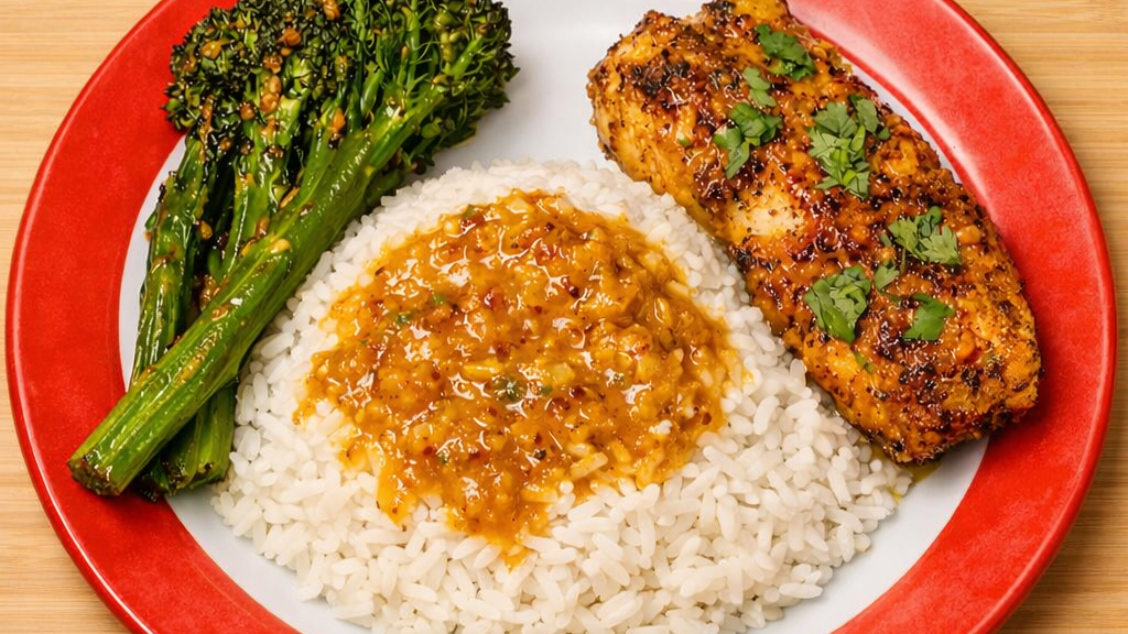 cod with rice and broccolini