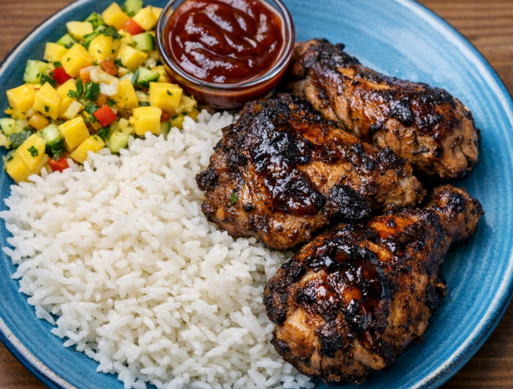 Barbeque jerk chicken with coconut rice and mango salsa